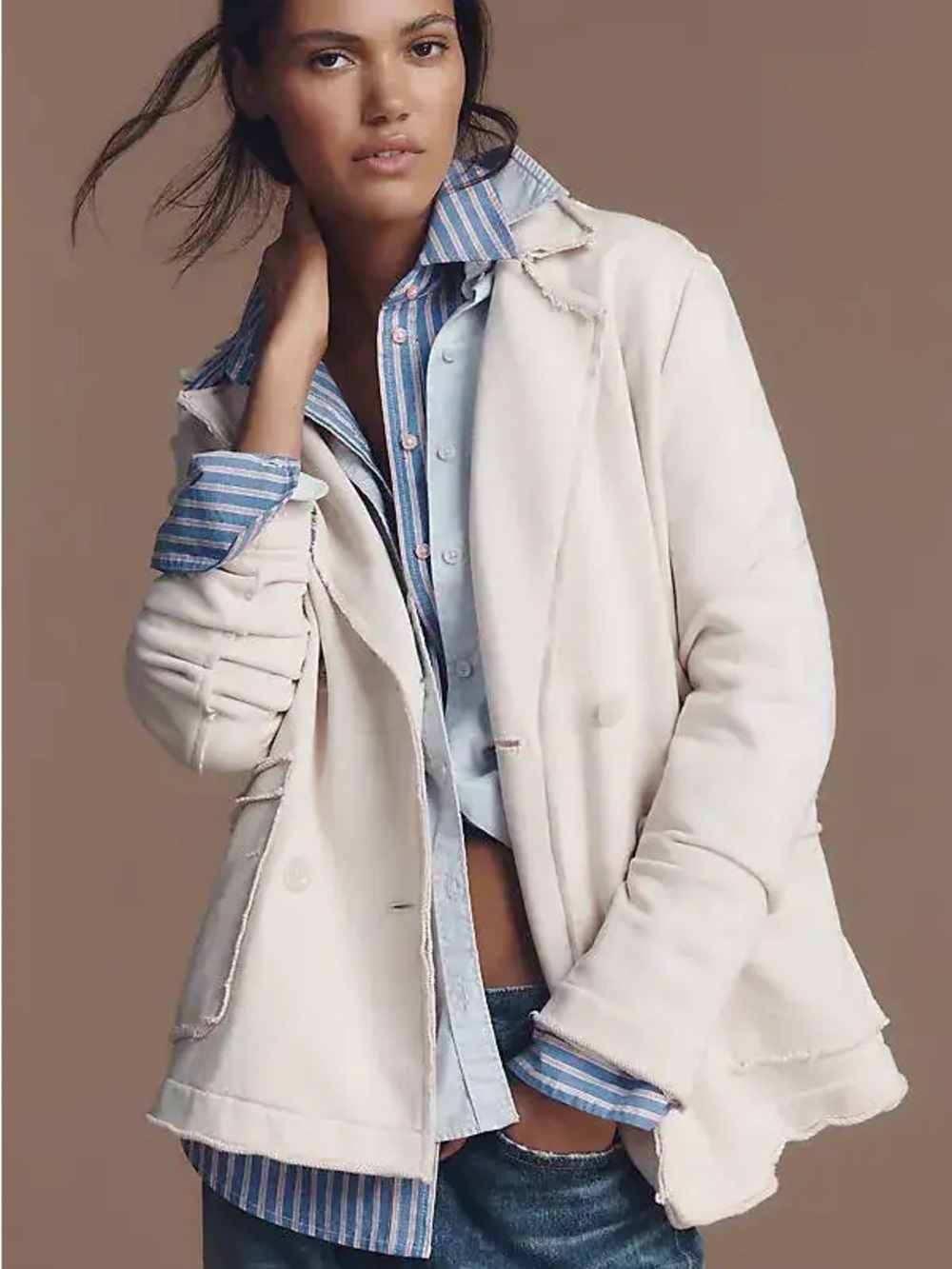 Pilcro x Anthropologie Knit Peacoat Raw -Edge Jacket in Putty Sz L